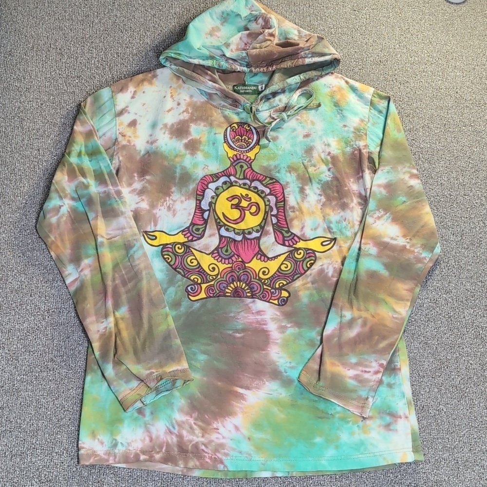 Kathmandu Imports Om Yoga Tie-dye Hoodie Tunic Size XL Longer Length New Age